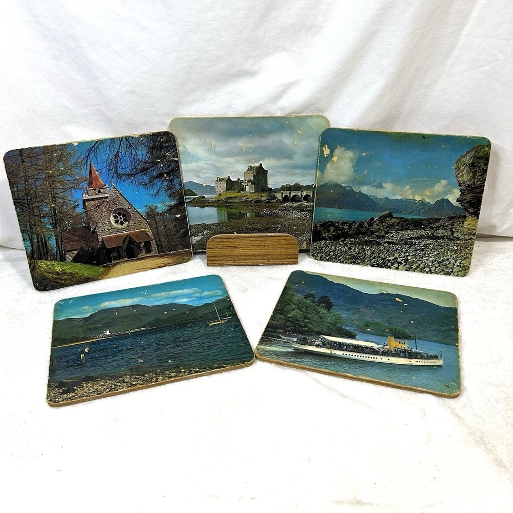 Vintage Scenic Cork-backed Trivet Placemats UK Highlands Set Of 5 With Stand